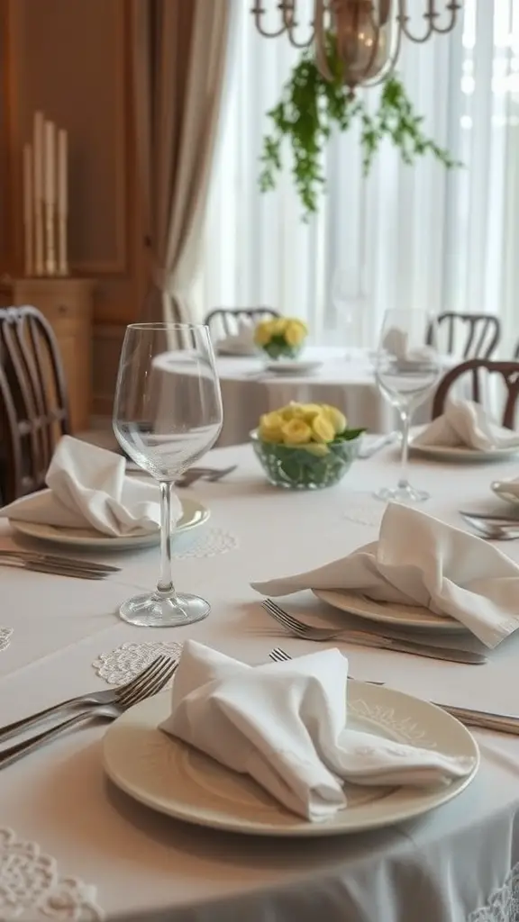 Elegant Easter dinner table setting with white linens and neatly folded napkins.