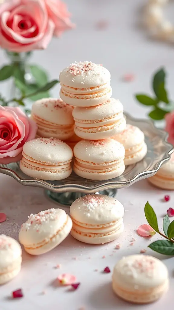 A plate of rose-infused coconut macaroons decorated with pink roses.
