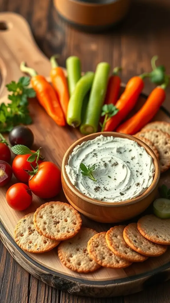 A wooden bowl of herbed goat cheese spread surrounded by colorful vegetables and crackers on a wooden platter.