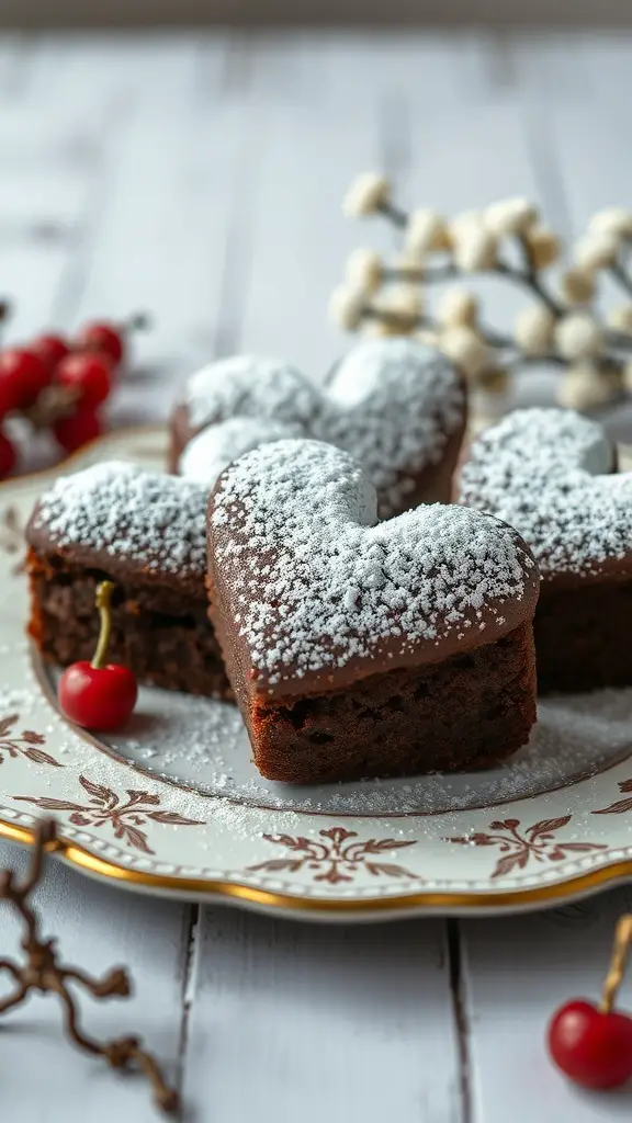 Heart-shaped brownies dusted with powdered sugar on a decorative plate