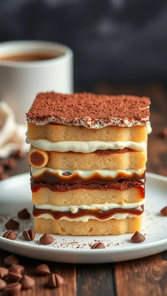 A delicious layered tiramisu dessert with cocoa dusting, served on a plate next to a cup of coffee.