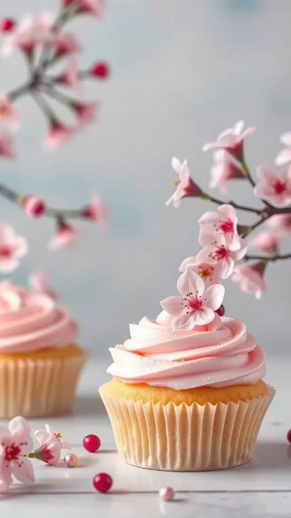 Cherry blossom cupcakes with pink frosting and cherry blossom flowers