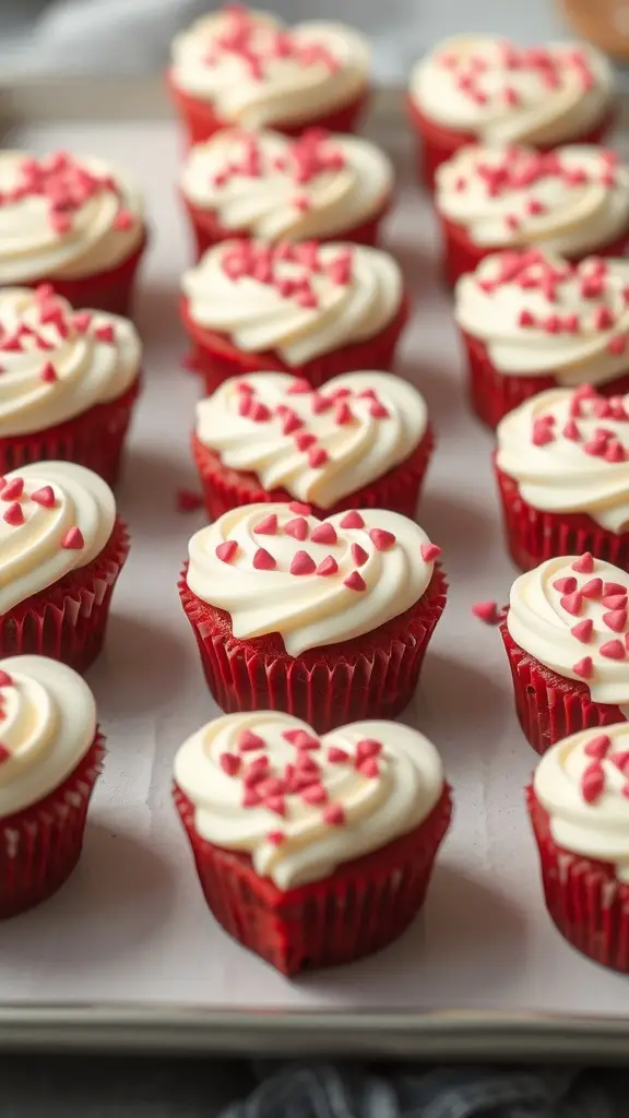 A tray of heart-shaped red velvet cupcakes with white frosting and pink heart sprinkles.