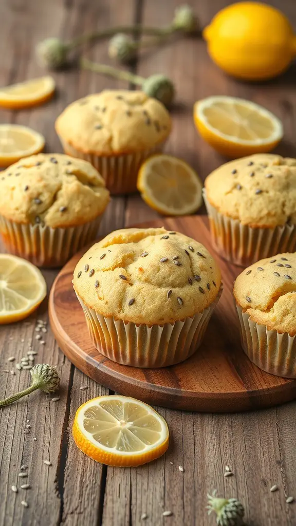 Freshly baked lemon poppy seed muffins with lemon slices on a wooden table