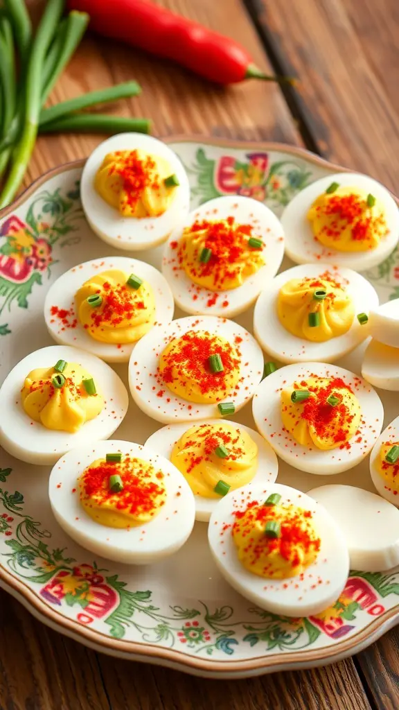 A plate of deviled eggs topped with paprika and green onions