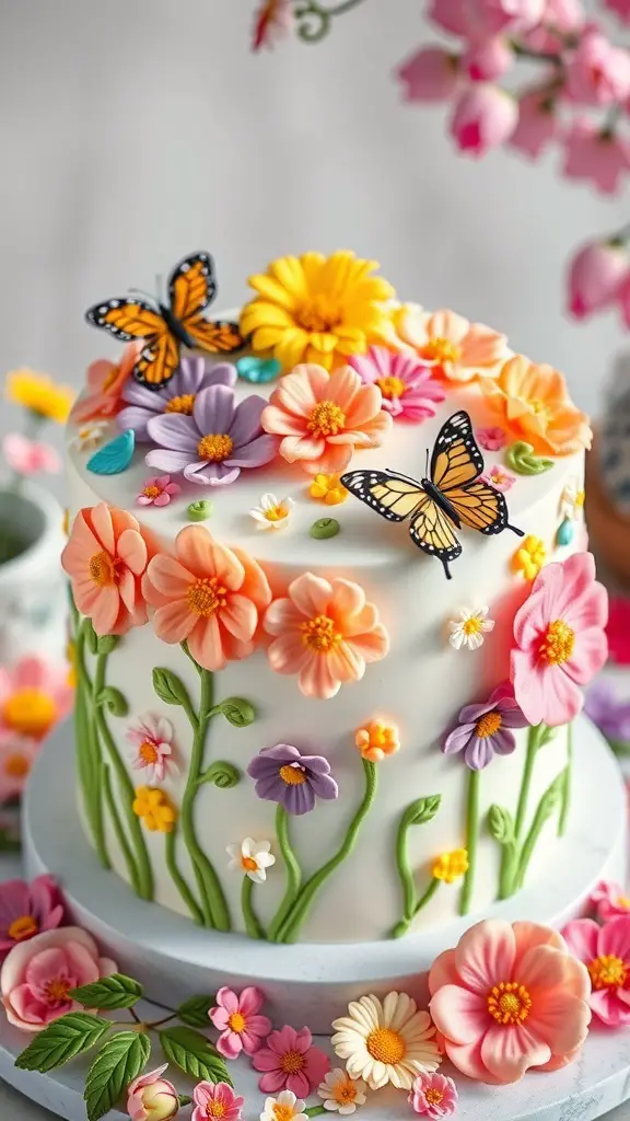 A beautifully decorated spring garden cake with colorful flowers and butterflies.
