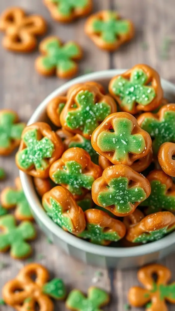 A bowl filled with shamrock-shaped pretzel bites coated in green candy and sprinkles.