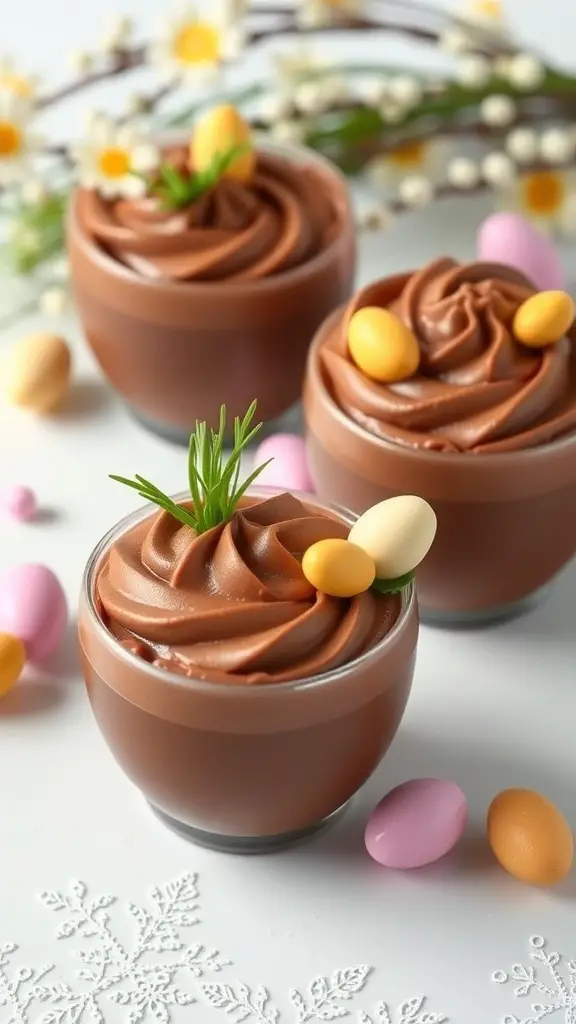 Chocolate mousse served in cups, decorated with candy eggs and mint leaves