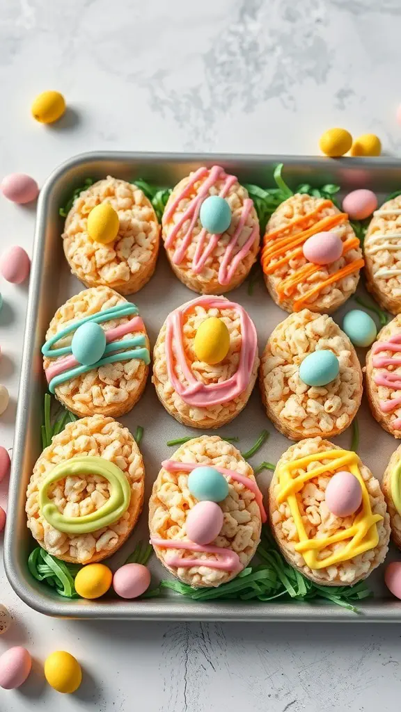 Colorful Easter Egg Rice Krispie Treats decorated with icing and candy eggs