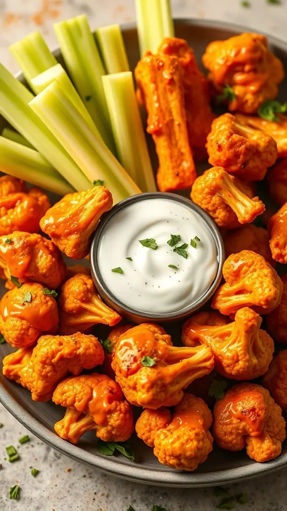 A platter of buffalo cauliflower bites with celery sticks and a creamy dip