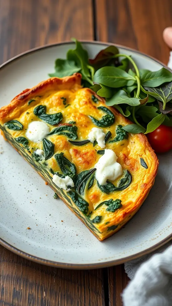 A slice of frittata with spinach and ricotta on a plate, garnished with fresh greens.