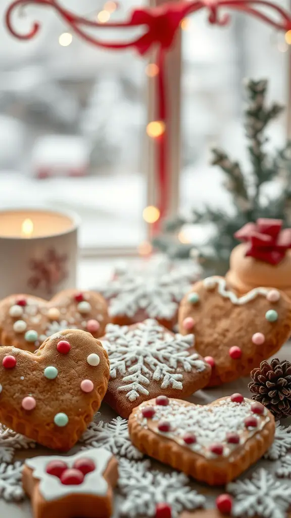 A collection of heart-shaped gingerbread cookies decorated with icing and colorful sprinkles, set against a festive background.