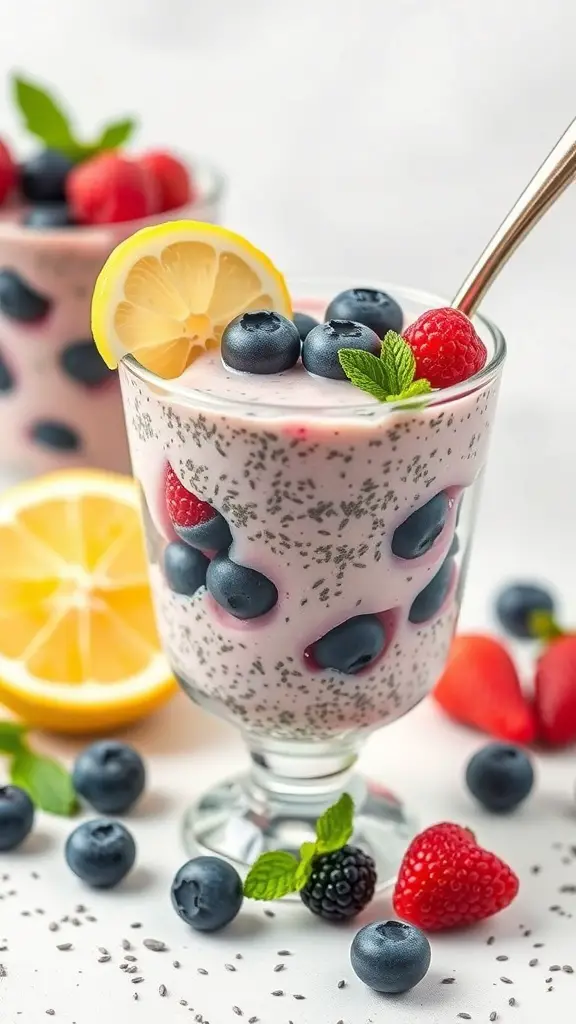 A glass of Lemon Blueberry Chia Seed Pudding topped with blueberries and a slice of lemon.