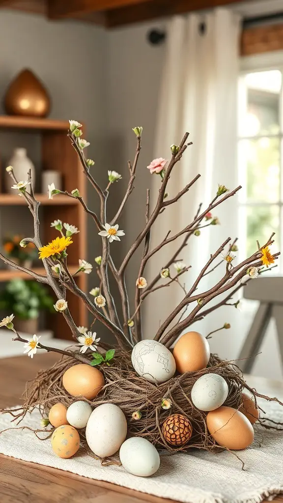A decorative Easter centerpiece featuring twigs, flowers, and colorful eggs arranged in a nest.
