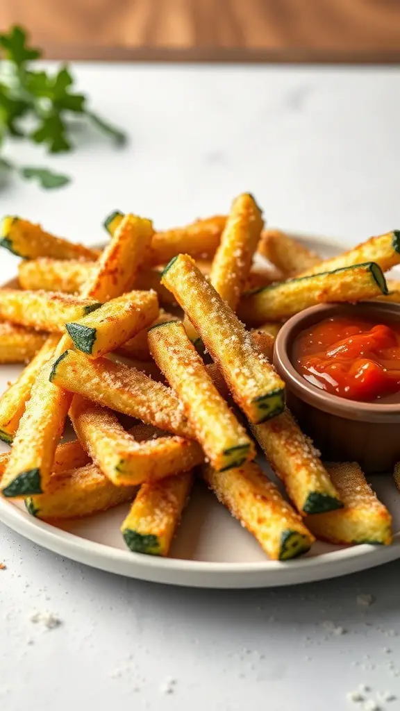 A plate of crispy parmesan zucchini fries with a small bowl of dipping sauce