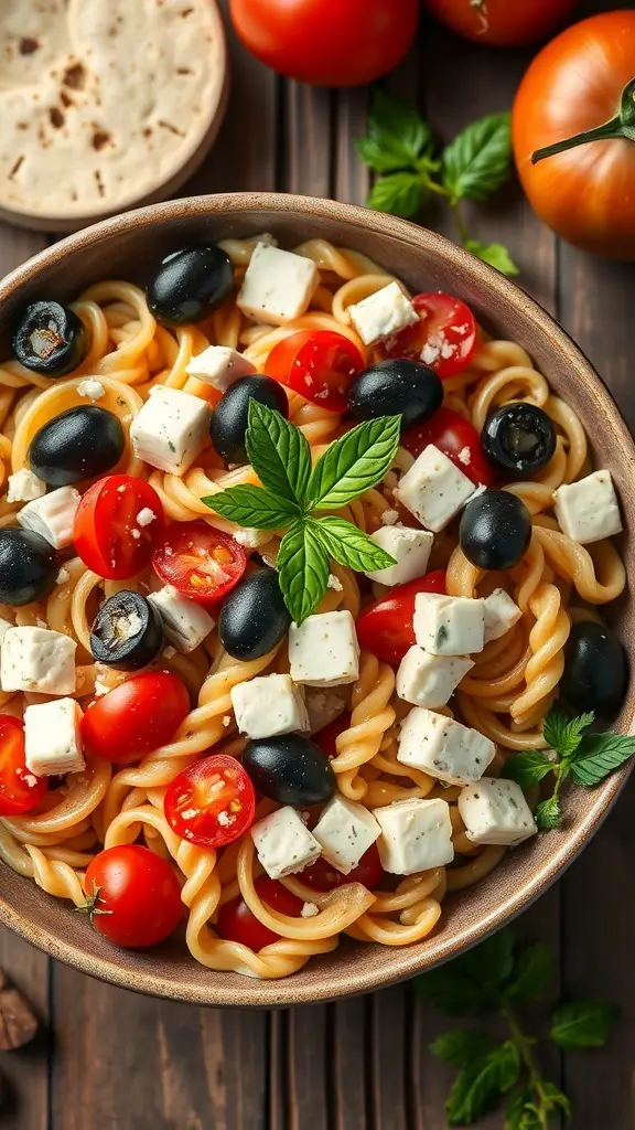 A bowl of Tangy Greek Pasta Salad with cherry tomatoes, black olives, and feta cheese, garnished with mint leaves.