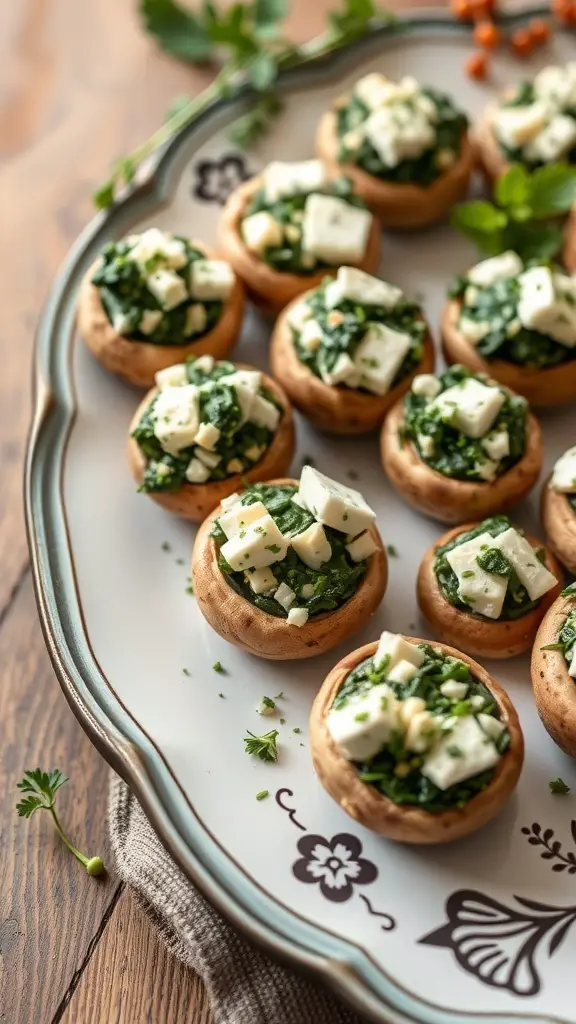 A platter of spinach and feta stuffed mushrooms, showcasing a mix of green spinach and white feta cheese in mushroom caps.
