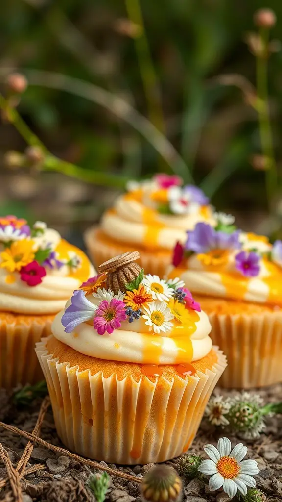 Wildflower cupcakes with honey drizzle, topped with colorful edible flowers