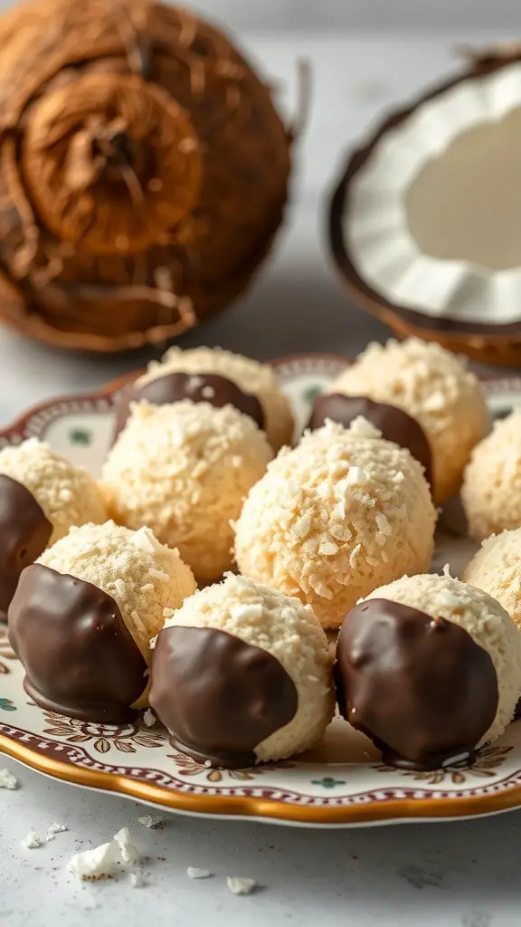 Coconut macaroons dipped in dark chocolate on a decorative plate with a coconut in the background.