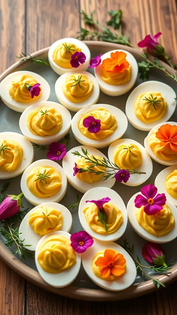 A platter of colorful deviled eggs garnished with edible flowers and herbs.