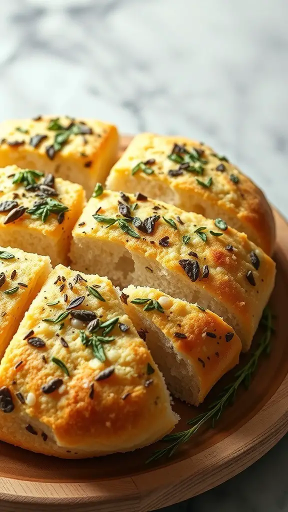 Savory focaccia bites topped with herbs and olives, cut into squares on a wooden plate.