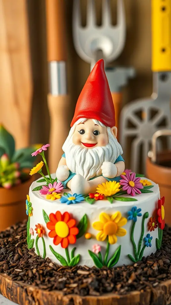 A colorful garden gnome cake decorated with flowers and chocolate shavings.