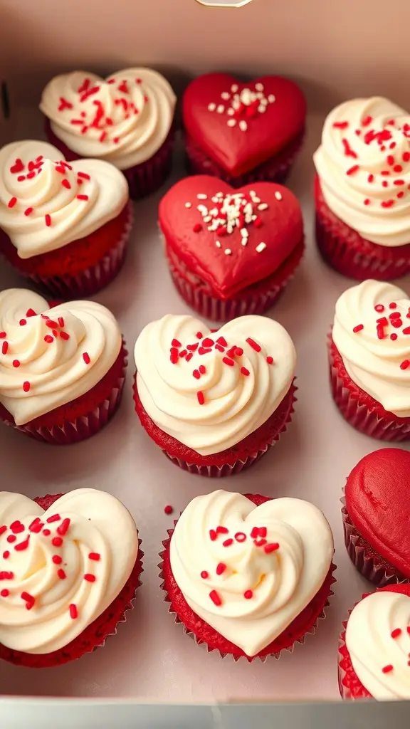 Heart-shaped red velvet cupcakes with white frosting and red sprinkles