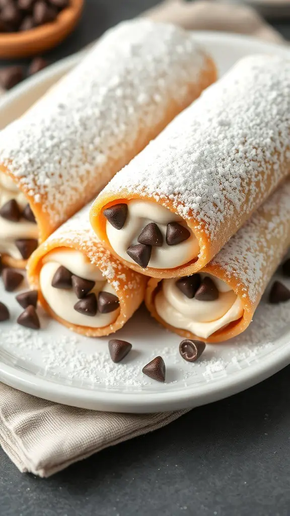 A plate of cannoli filled with sweet ricotta and topped with chocolate chips.