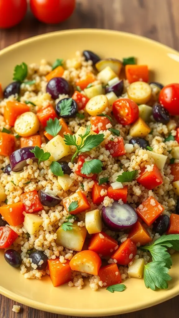 A vibrant quinoa and roasted vegetable salad with colorful veggies and herbs.