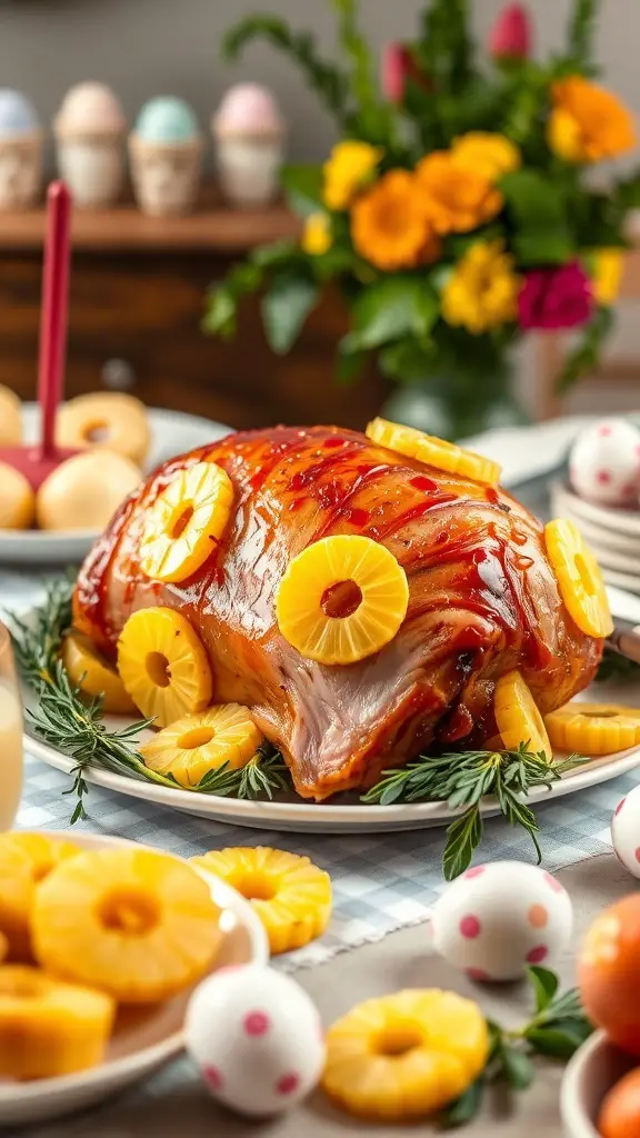 A honey glazed ham decorated with pineapple slices on a festive table