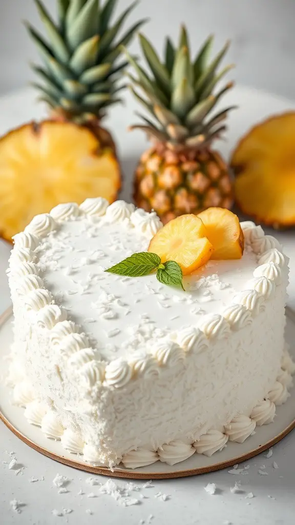 A heart-shaped coconut cream cake topped with pineapple slices and surrounded by pineapples.