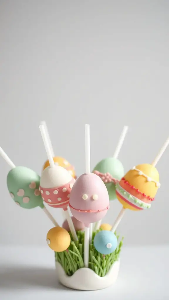 Colorful Easter Egg Cake Pops arranged in a holder resembling grass.