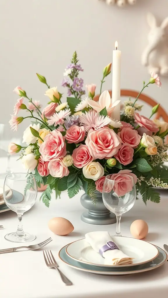 A pastel floral centerpiece featuring pink roses and daisies, with a candle, on a beautifully set Easter table.