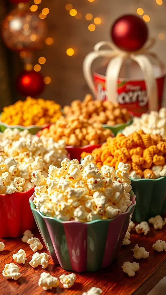 Colorful bowls of gourmet popcorn in various flavors, perfect for a party snack.