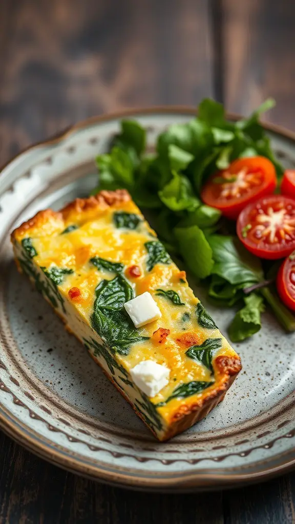 A slice of frittata with spinach and feta on a plate, accompanied by a side of fresh salad and cherry tomatoes.