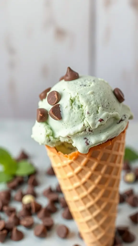 A scoop of mint chocolate chip ice cream in a waffle cone, topped with chocolate chips, surrounded by chocolate chips on a table.