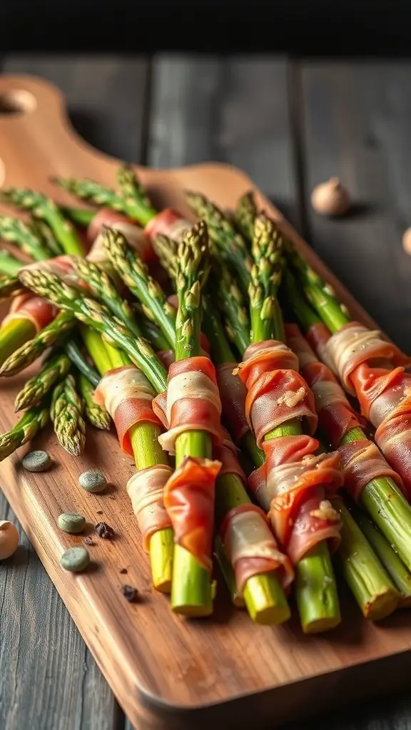 A wooden board with prosciutto-wrapped asparagus, showcasing fresh green asparagus spears wrapped in thin slices of prosciutto.
