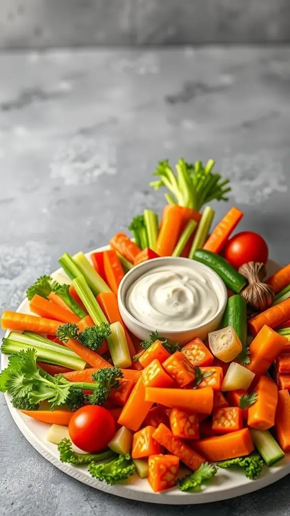 A colorful carrot-shaped veggie platter with carrots, celery, cherry tomatoes, and a creamy dip.