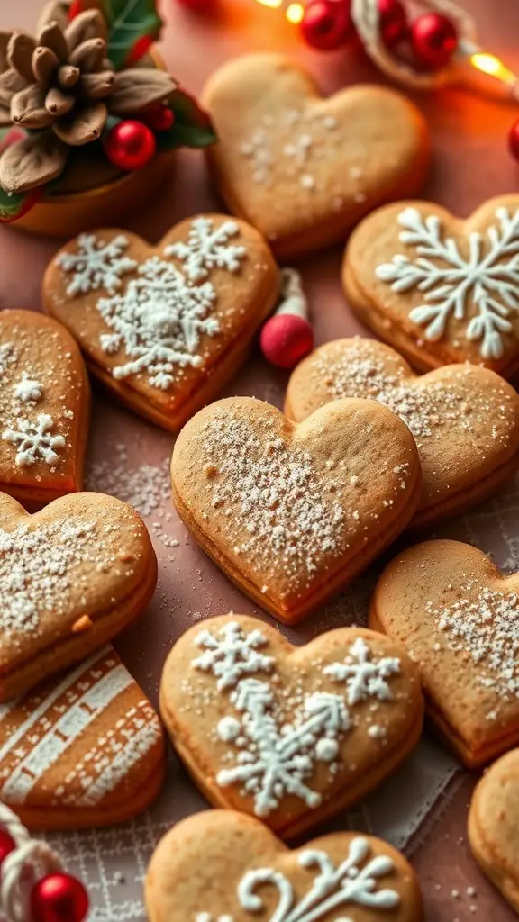 A collection of heart-shaped cookies decorated with icing and powdered sugar, set against a festive background.
