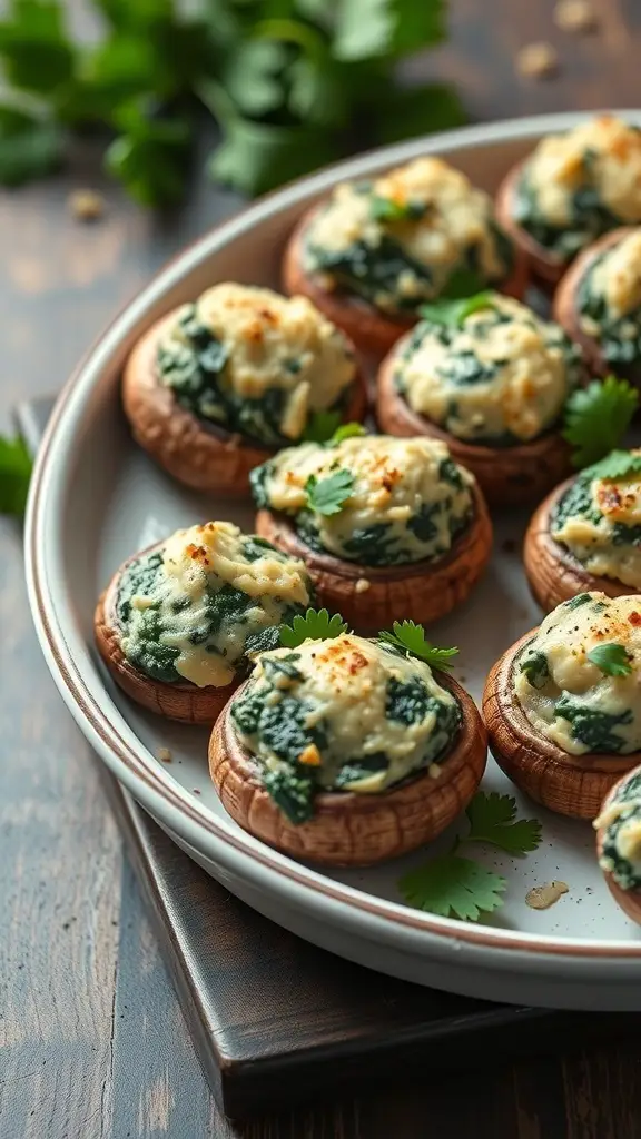 A plate of spinach and cheese stuffed mushrooms garnished with herbs.