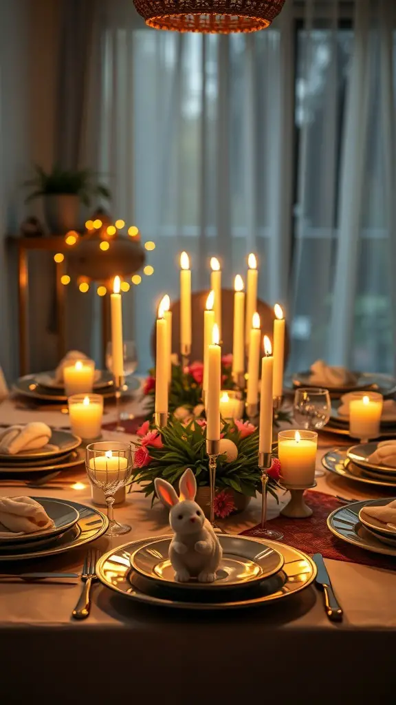 A beautifully set Easter dinner table with candles and a bunny decoration.