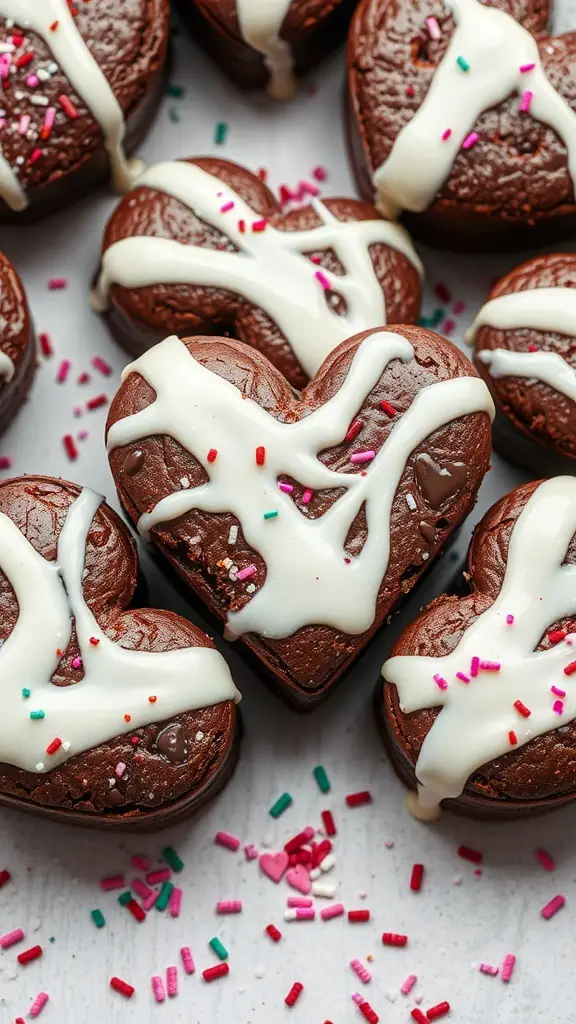 Heart-shaped brownies drizzled with white icing and colorful sprinkles.