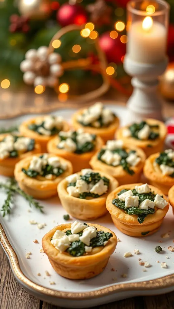 A platter of mini spinach and feta puffs, beautifully arranged with a festive background.