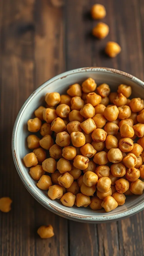 A bowl of crunchy roasted chickpeas on a wooden table