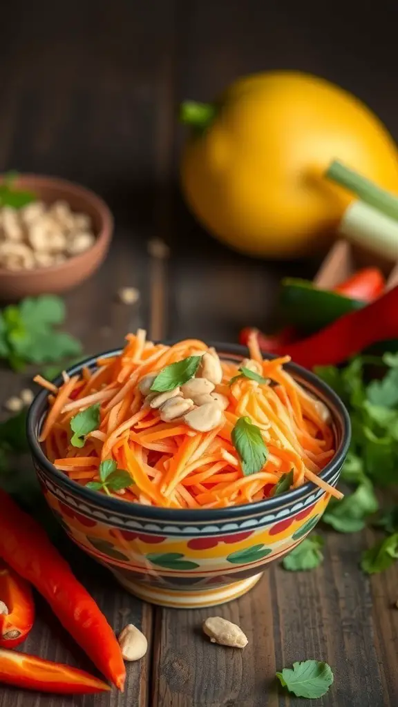 A colorful bowl of Thai Mango Salad with shredded carrots, peanuts, and fresh herbs, surrounded by ingredients like red chili peppers and a yellow mango.