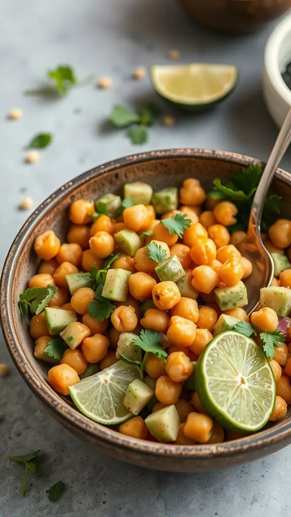 A bowl of chickpea and avocado salad with lime slices and cilantro