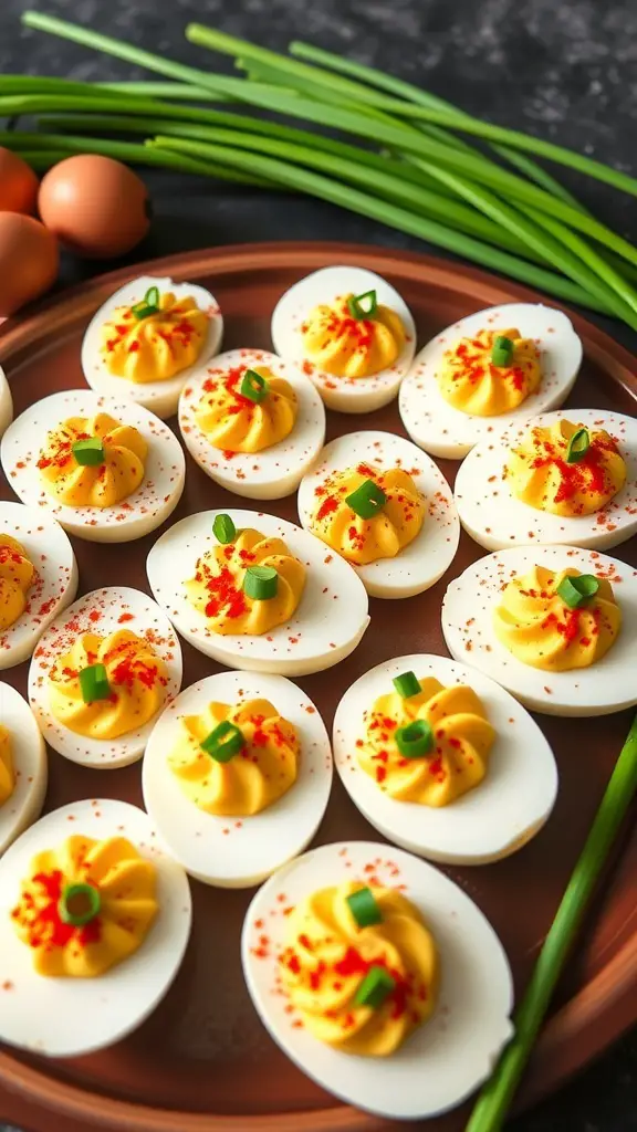 A platter of classic deviled eggs topped with paprika and green onions, surrounded by fresh chives and eggs.