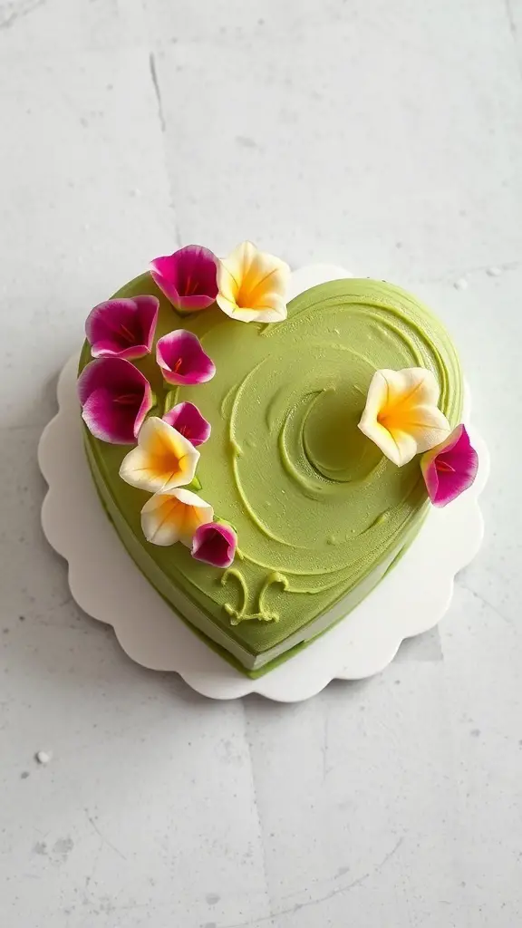 A heart-shaped matcha green tea cake decorated with colorful edible flowers.
