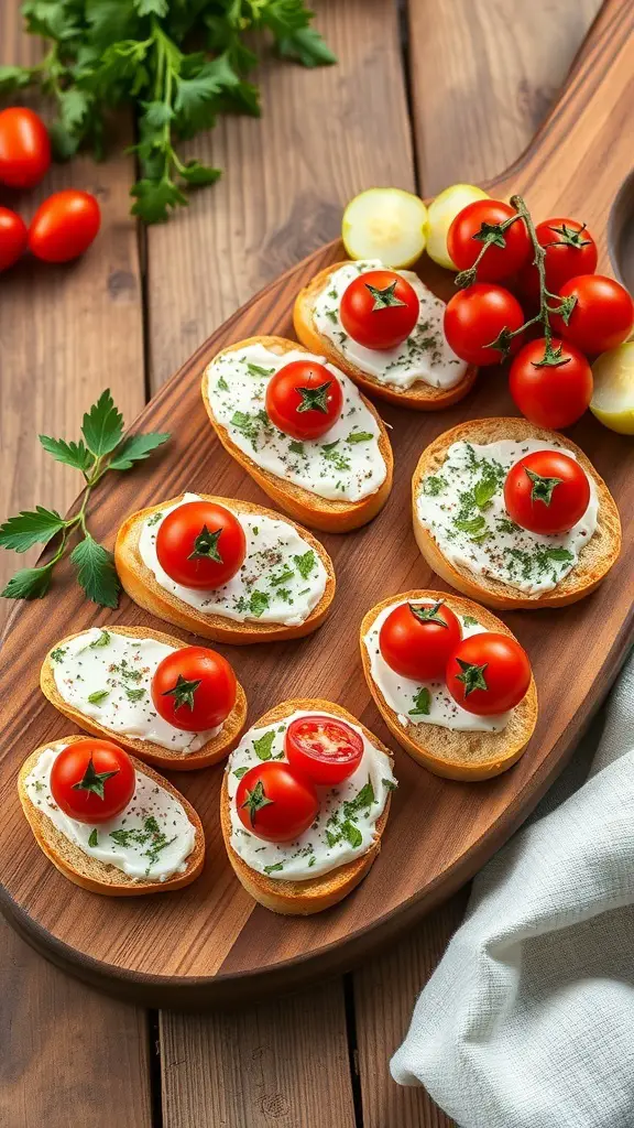 A wooden platter with herbed goat cheese crostini topped with cherry tomatoes and fresh herbs.