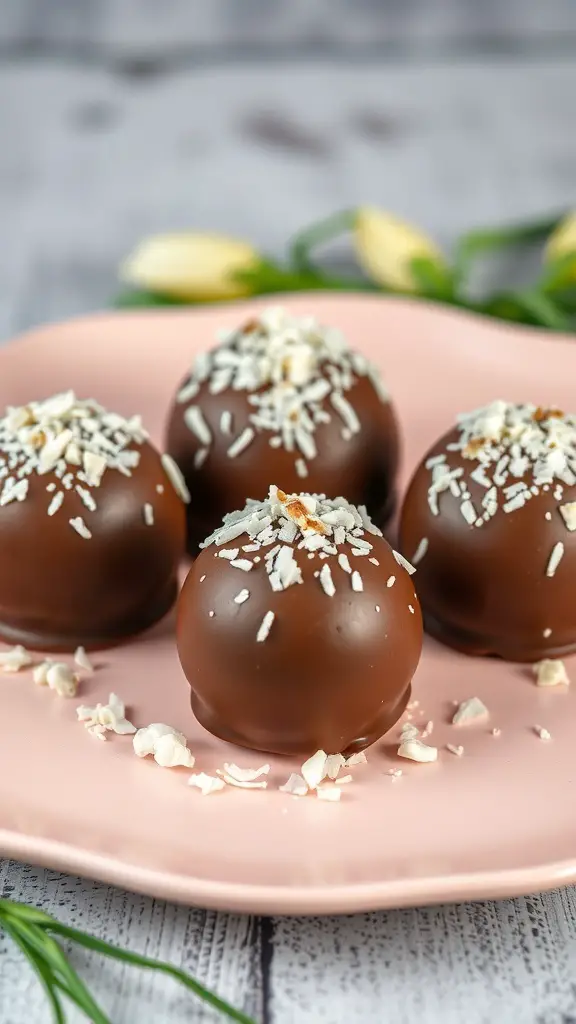 Chocolate egg truffles on a pink plate, topped with coconut flakes.
